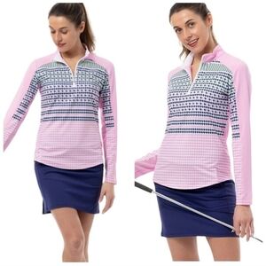 SanSoleil SolCool Draper 1/4 Zip Long Sleeve Houndstooth Top Small Pink Golfing